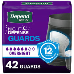 Depend empaque frontal mostrando 42 protectores y beneficio de absorción nocturna