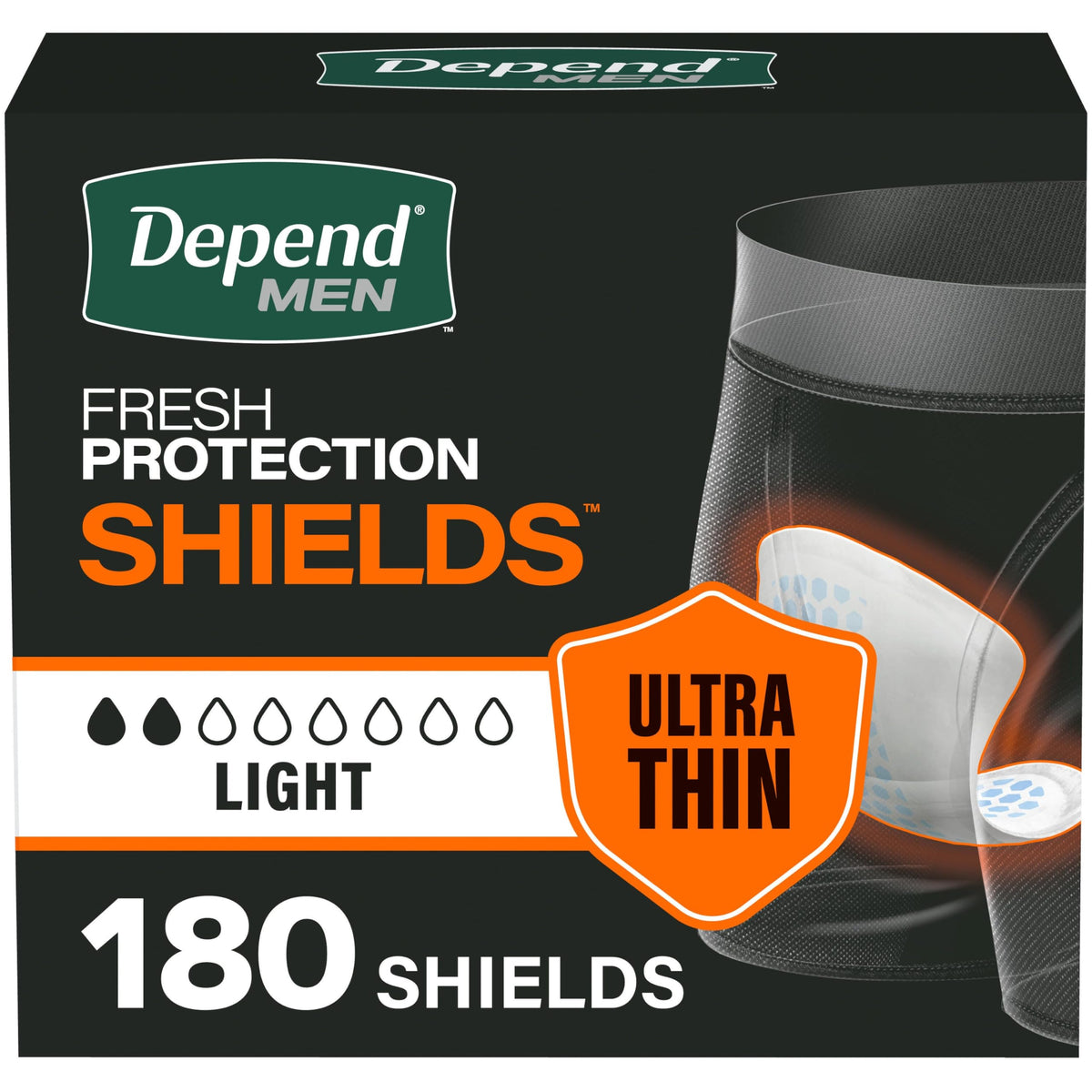 Depend protector vista frontal del paquete, conveniencia y discreción