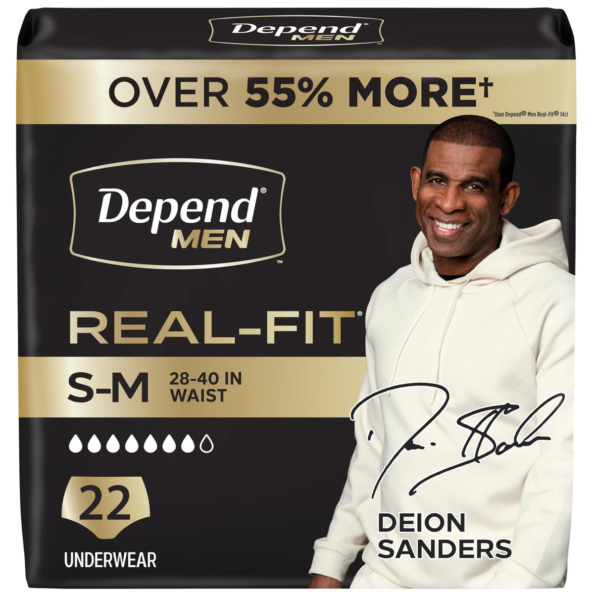 Depend Real Fit Men vista frontal del empaque mostrando 22 unidades y color gris, confianza discreta