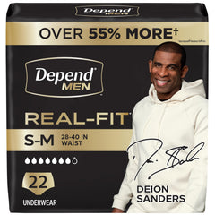 Depend Real Fit Men vista frontal del empaque mostrando 22 unidades y color gris, confianza discreta