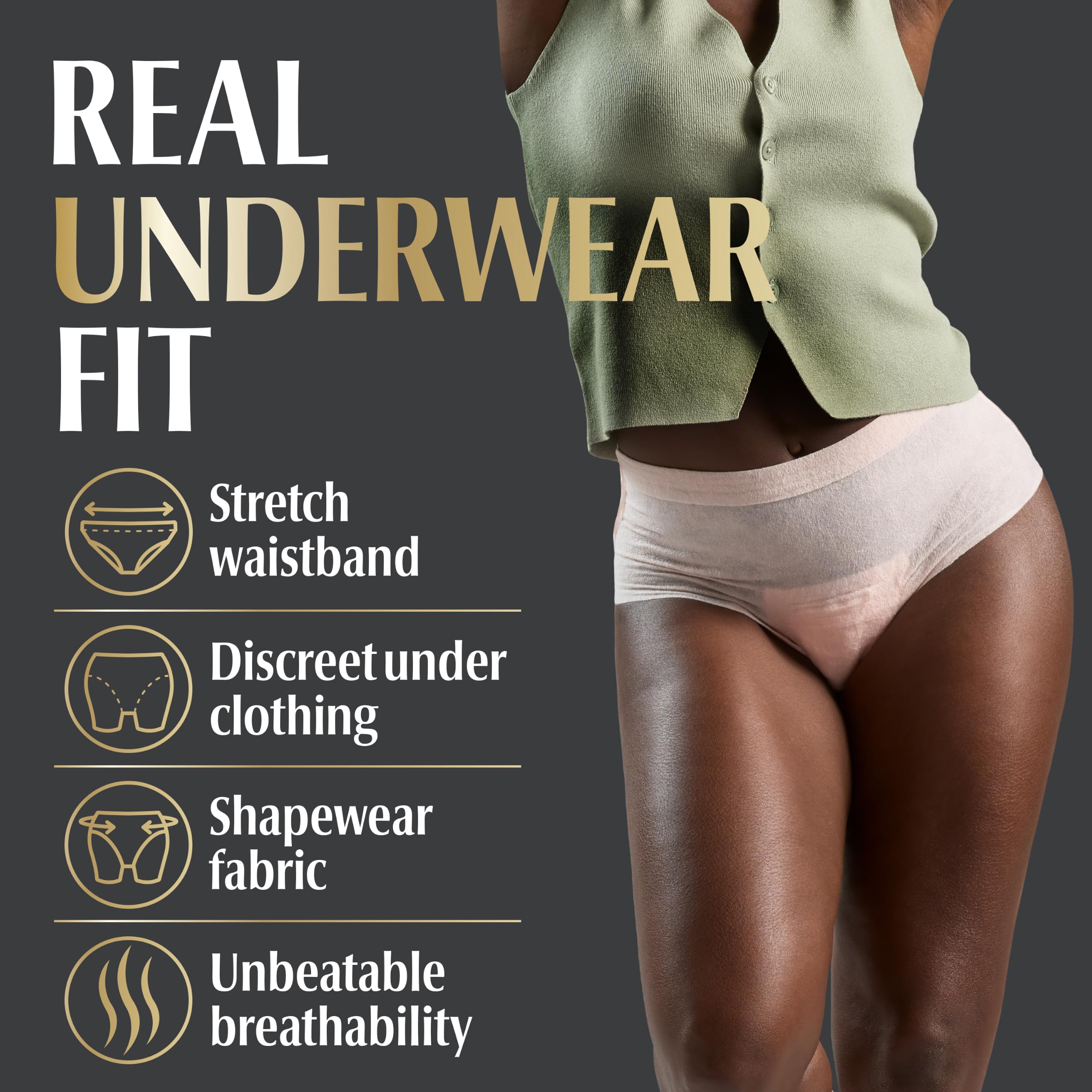 Look con vestido mostrando Depend Silhouette invisible bajo prendas ajustadas