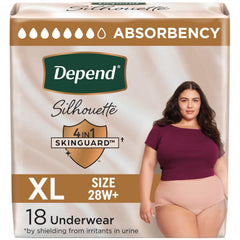 Depend Silhouette frente del empaque mostrando cantidad y talla, confianza diaria
