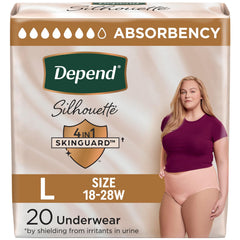 Depend Silhouette vista frontal del empaque mostrando cantidad y talla, protege con discreción