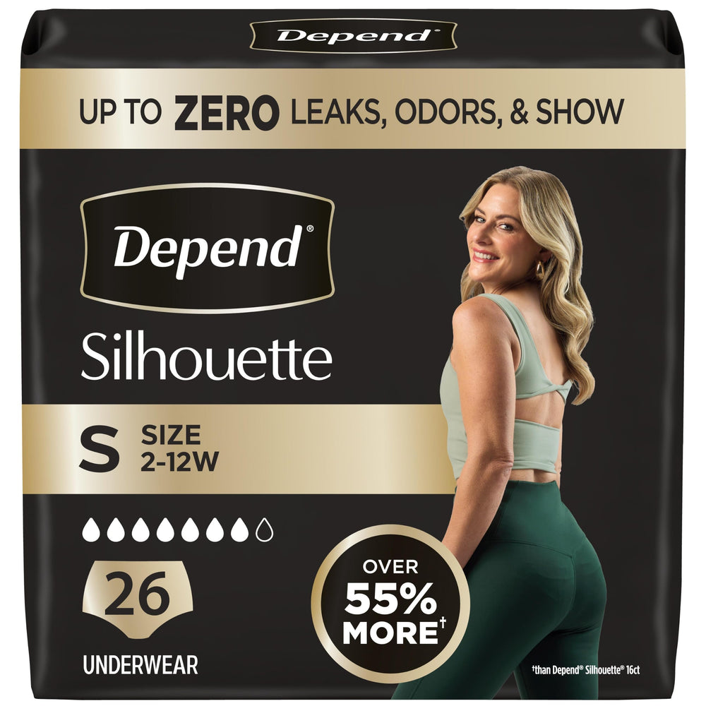 Depend silhouette empaque frontal mostrando 26 unidades y beneficio discreción