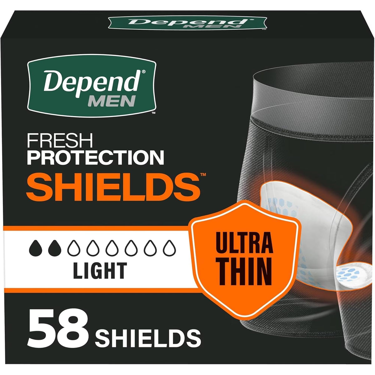 Depends Men frente del pack mostrando 58 protectores, conveniente y discreto