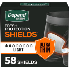 Depends Men frente del pack mostrando 58 protectores, conveniente y discreto