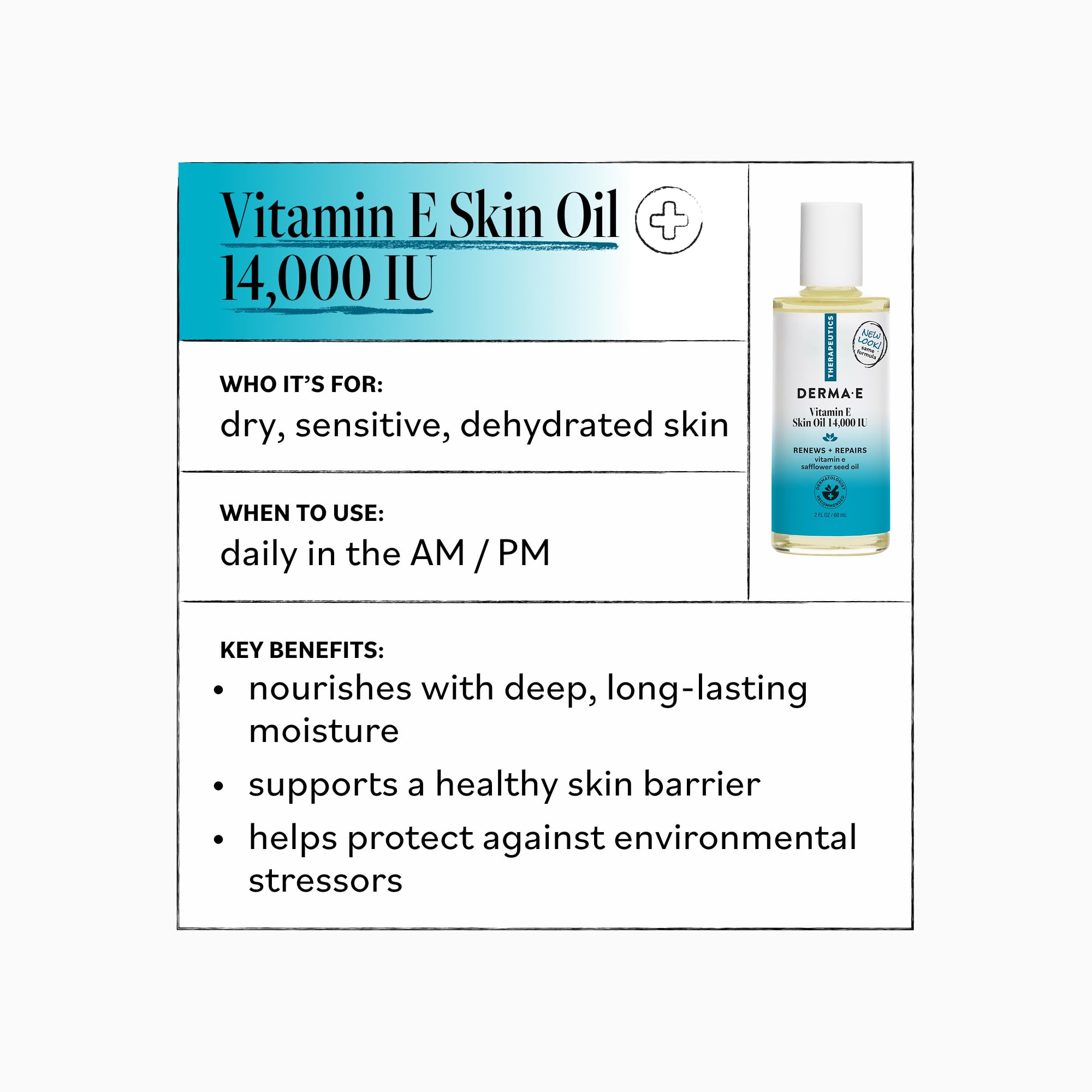Derma E etiqueta con ingredientes y ventaja formulación limpia