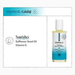 Derma E botella 60 ml comparada con una mano mostrando tamaño práctico