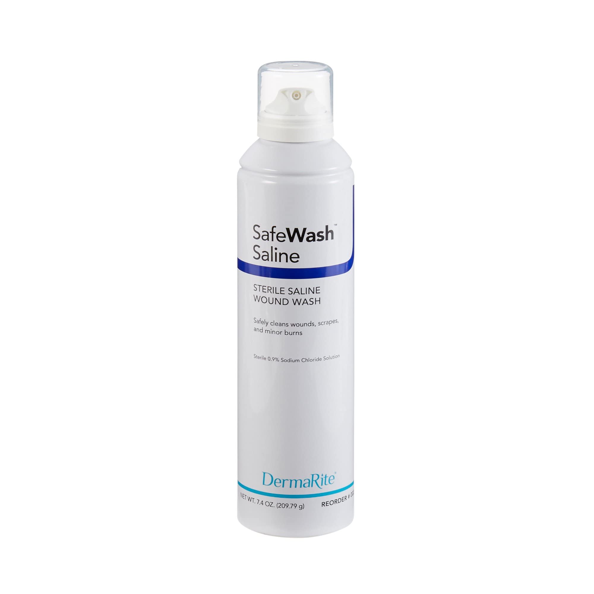 DermaRite envase frontal de Safe Wash Wound Saline mostrando etiqueta clara y uso clínico