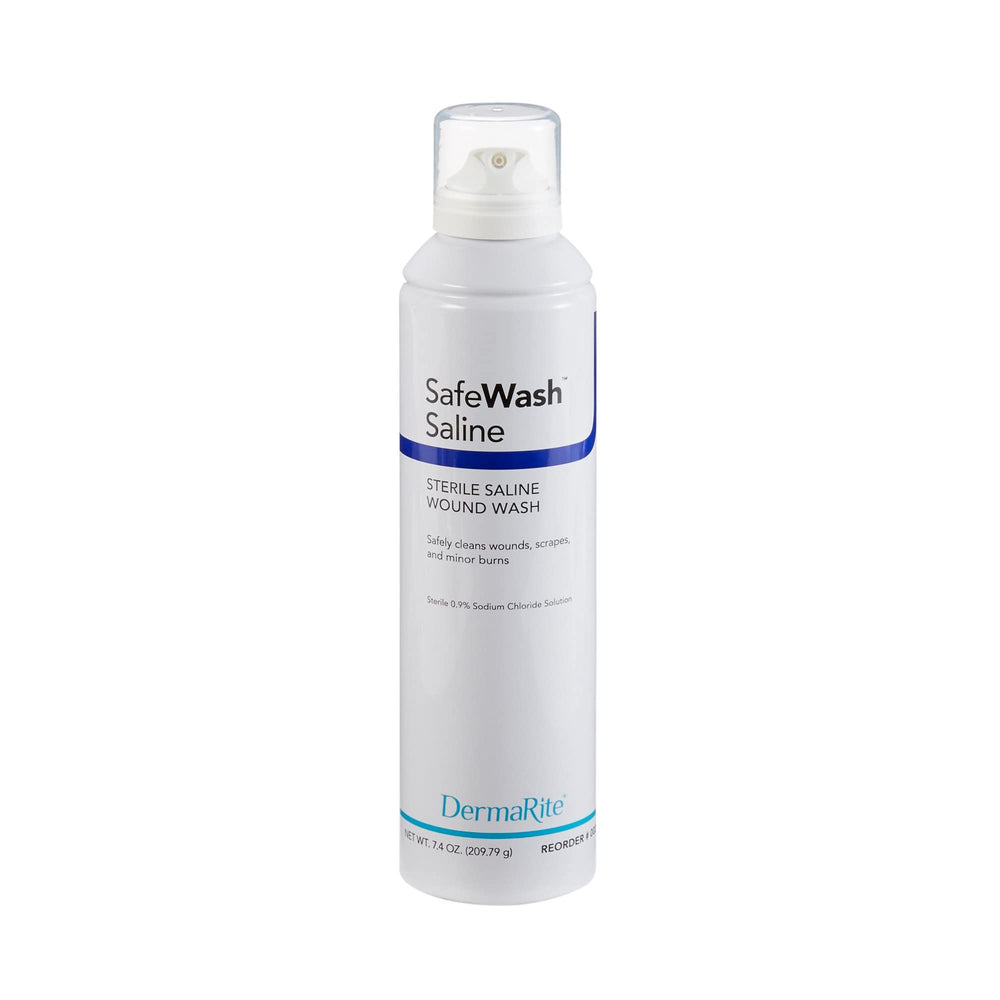 DermaRite envase frontal de Safe Wash Wound Saline mostrando etiqueta clara y uso clínico