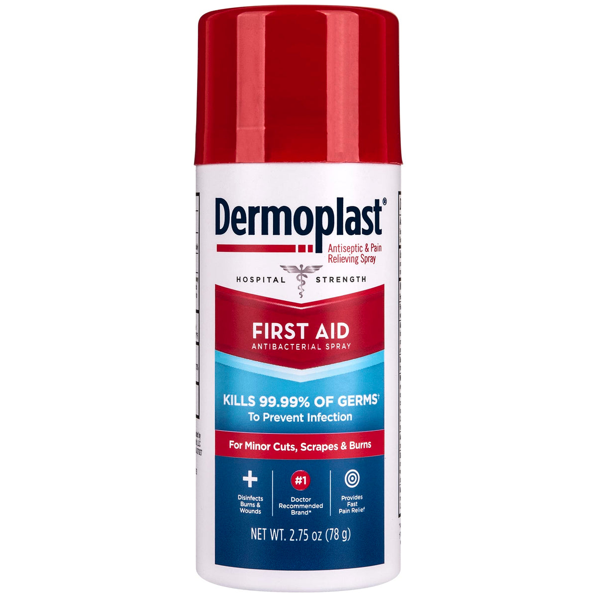 Dermoplast aerosol frente del empaque mostrando tamaño y alivio rápido