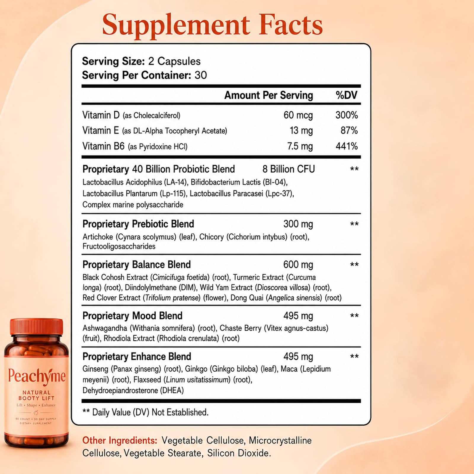 Derperzi etiqueta Peachy Me ingredientes listados que favorecen firmeza