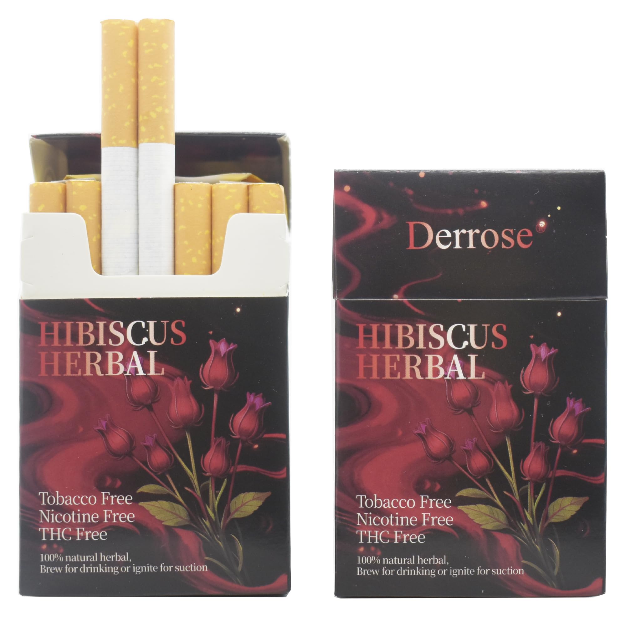 Derrose pack frontal mostrando las 2 cajas y 40 sticks con diseño floral y beneficio de alternativa sin tabaco