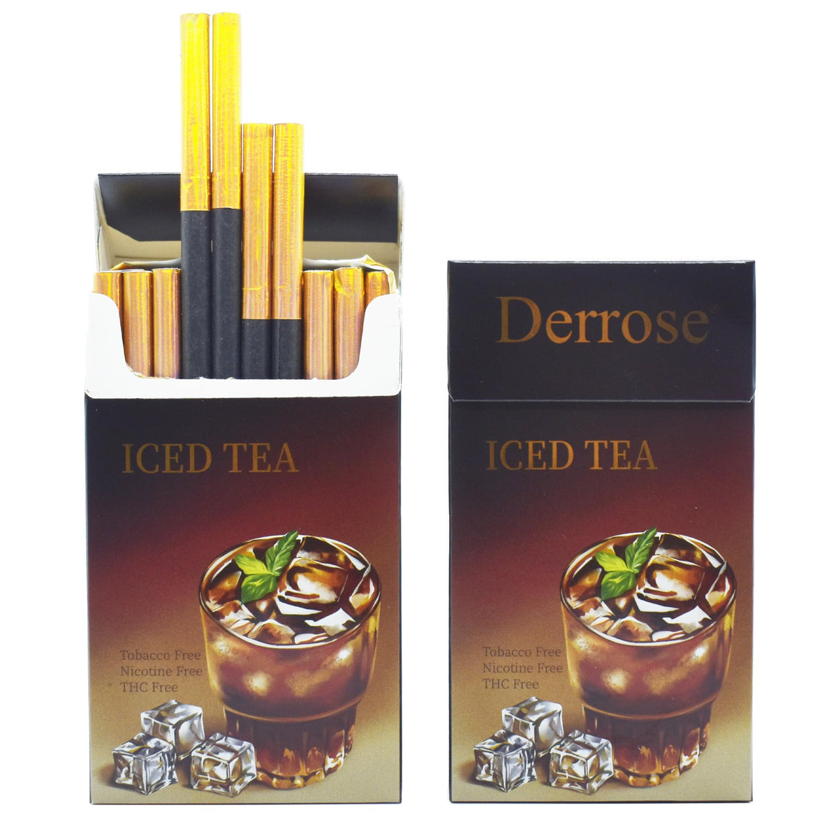 Derrose paquete frontal mostrando 2 packs y 40 sticks, alternativa sin nicotina