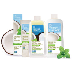 Desert Essence botella junto a objetos para apreciar tamaño práctico
