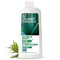 Desert Essence enjuague frontal mostrando botella y etiqueta, limpieza visible