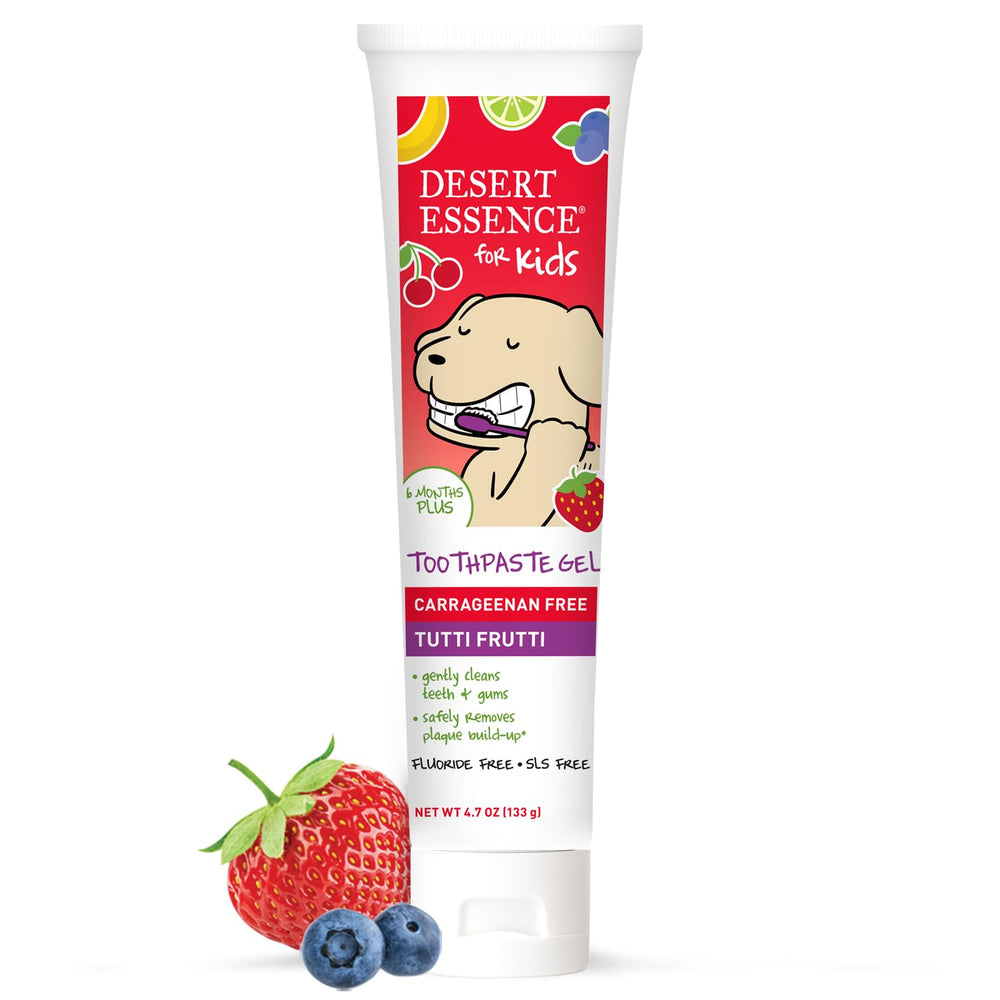 Desert Essence envase frontal del gel infantil mostrando sabor tutti frutti y uso seguro