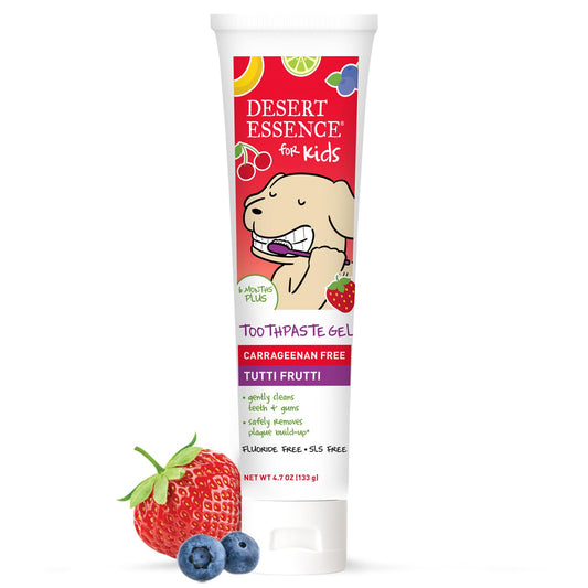 Desert Essence envase frontal del gel infantil mostrando sabor tutti frutti y uso seguro