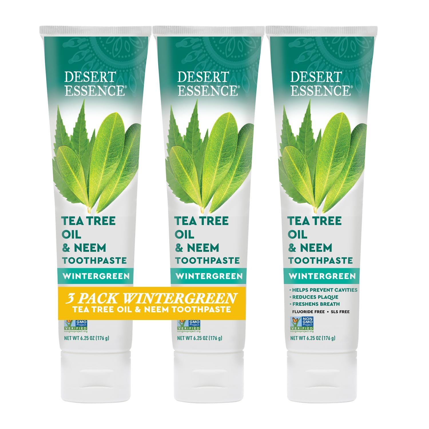Desert Essence frente del paquete pack de tres tubos mostrando marca y sabor wintergreen