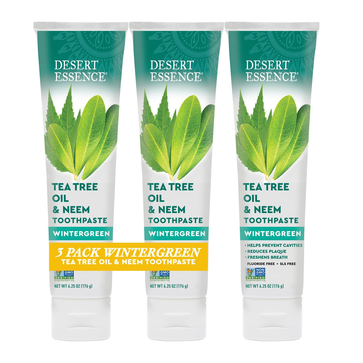 Desert Essence frente del paquete pack de tres tubos mostrando marca y sabor wintergreen