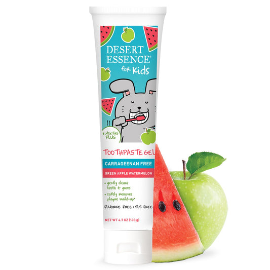 Desert Essence envase frontal mostrando sabor manzana y sandía, apoya rutina divertida