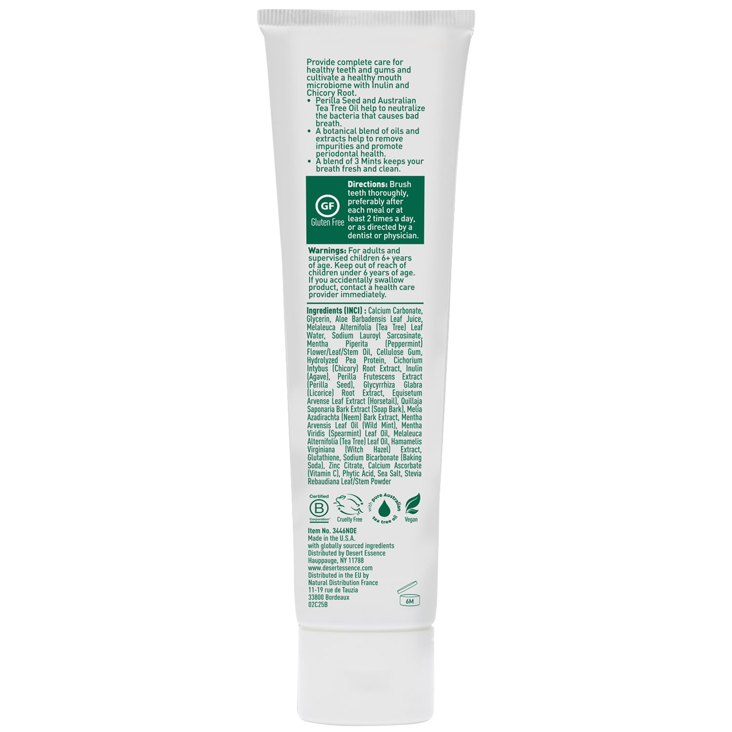 Desert Essence tubo en mano para comparar tamaño, muestra 6.25 oz y escala real