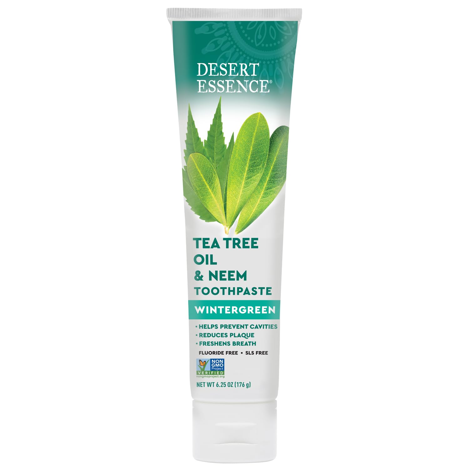 Desert Essence primer plano del tubo y textura de la pasta para evaluar consistencia
