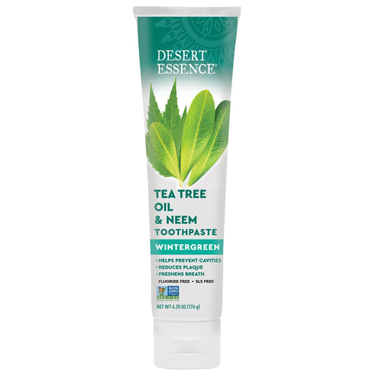 Desert Essence primer plano del tubo y textura de la pasta para evaluar consistencia