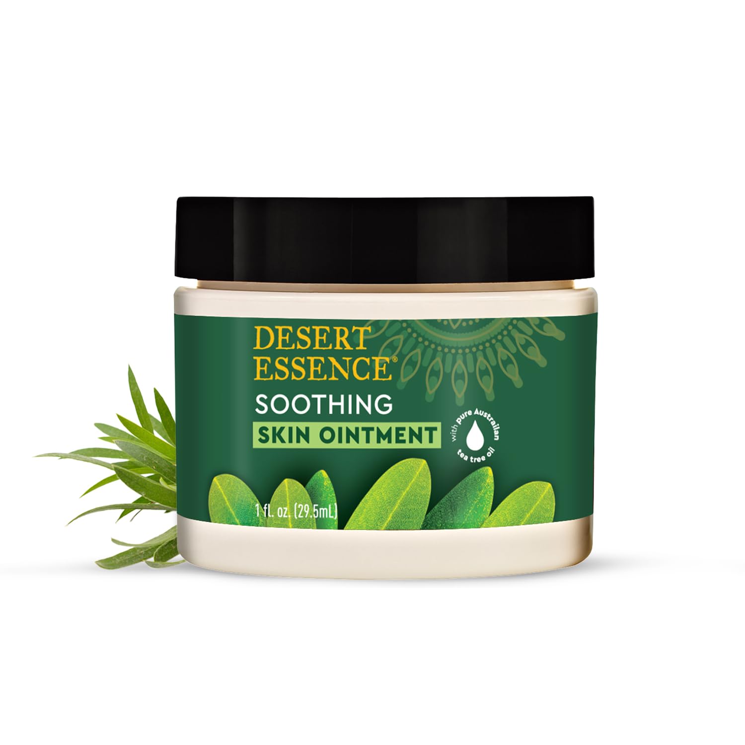 Desert Essence envase frontal mostrando etiqueta y 1 oz, alivio inmediato