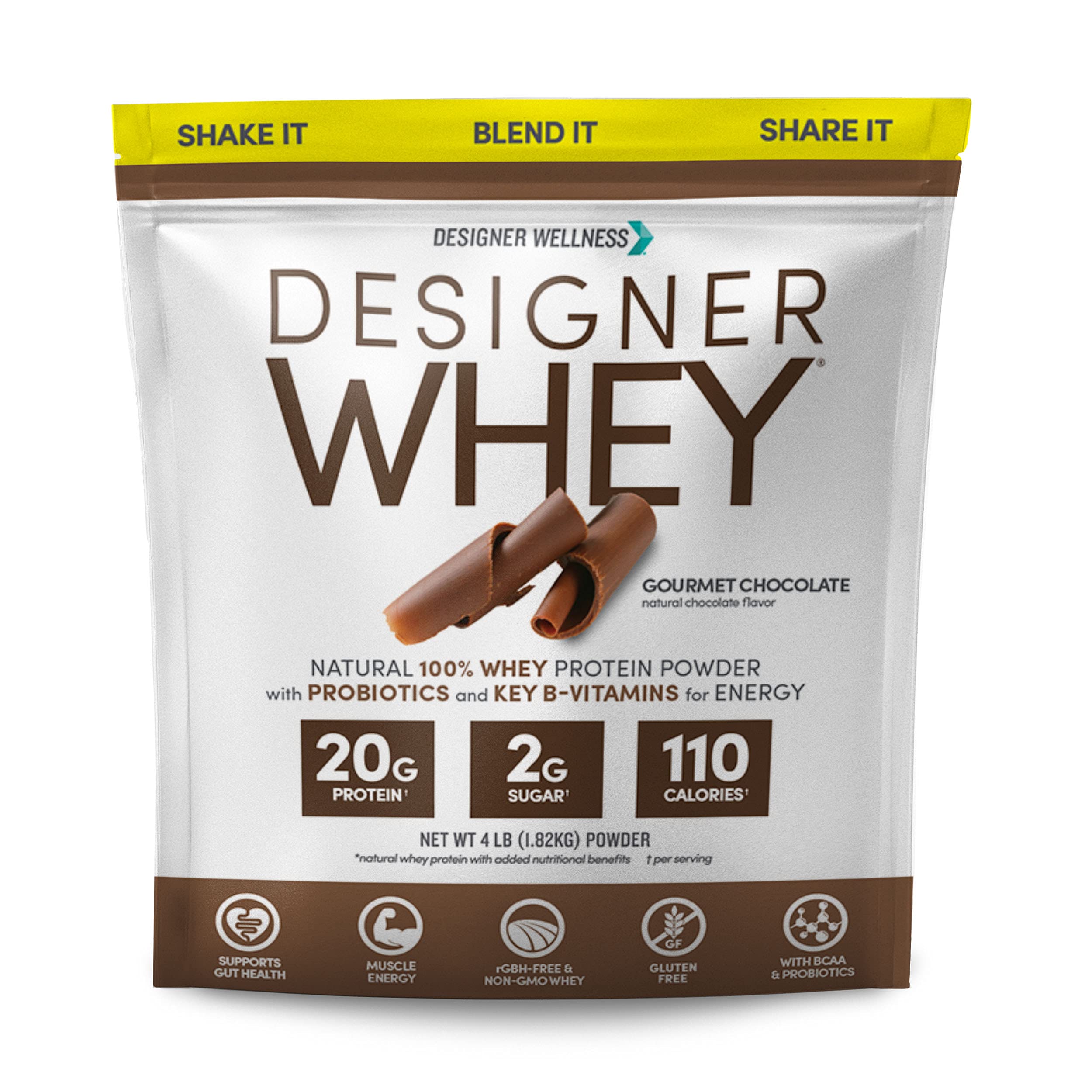 Designer Wellness envase frontal mostrando 4 lb y sabor chocolate, clara identidad de marca y beneficio de proteína
