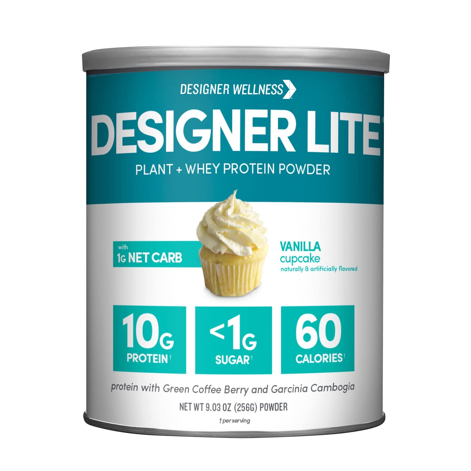 Designer Wellness frente del envase mostrando sabor vainilla cupcake y ventajas claras