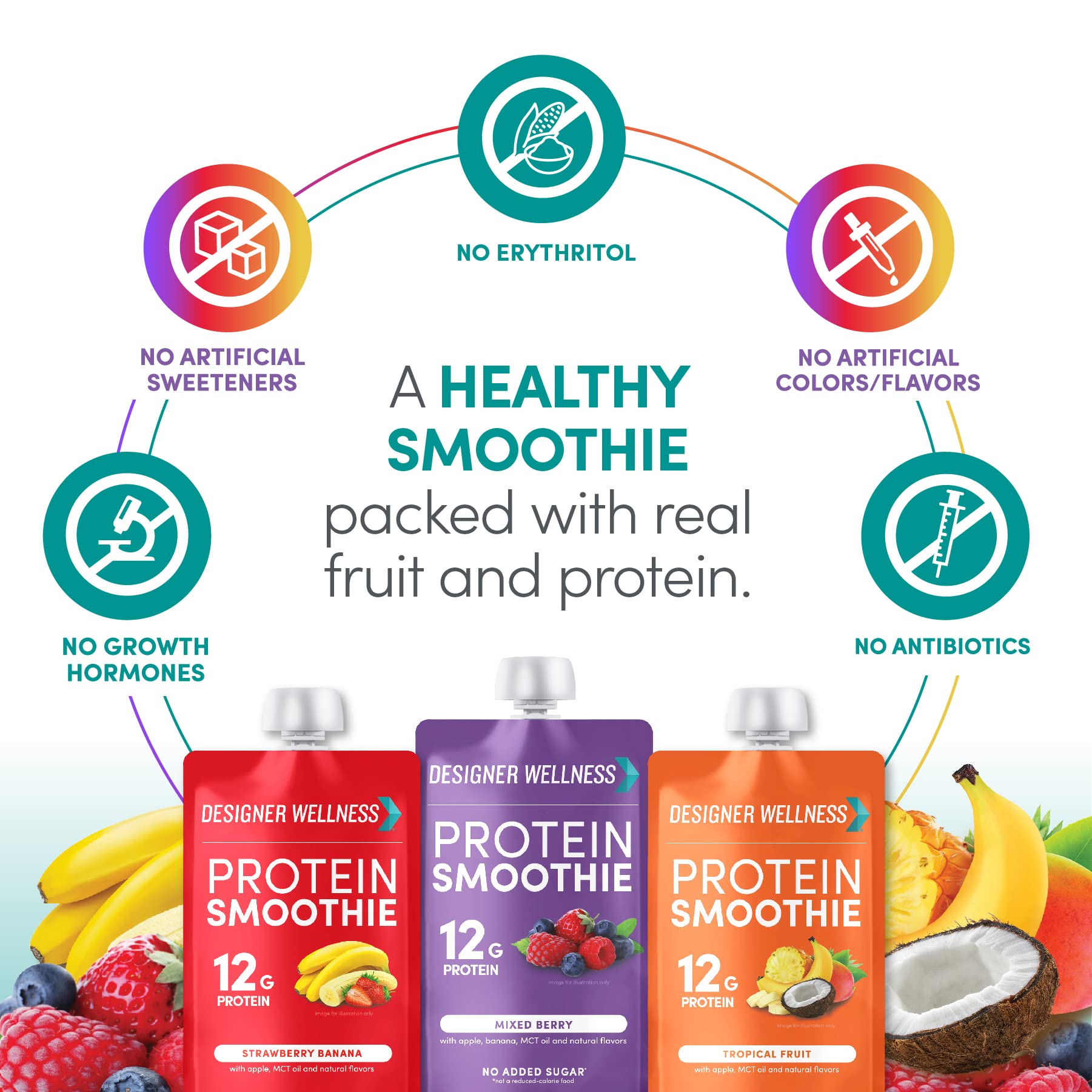 Designer Wellness pouch abierto listo para beber como snack rápido