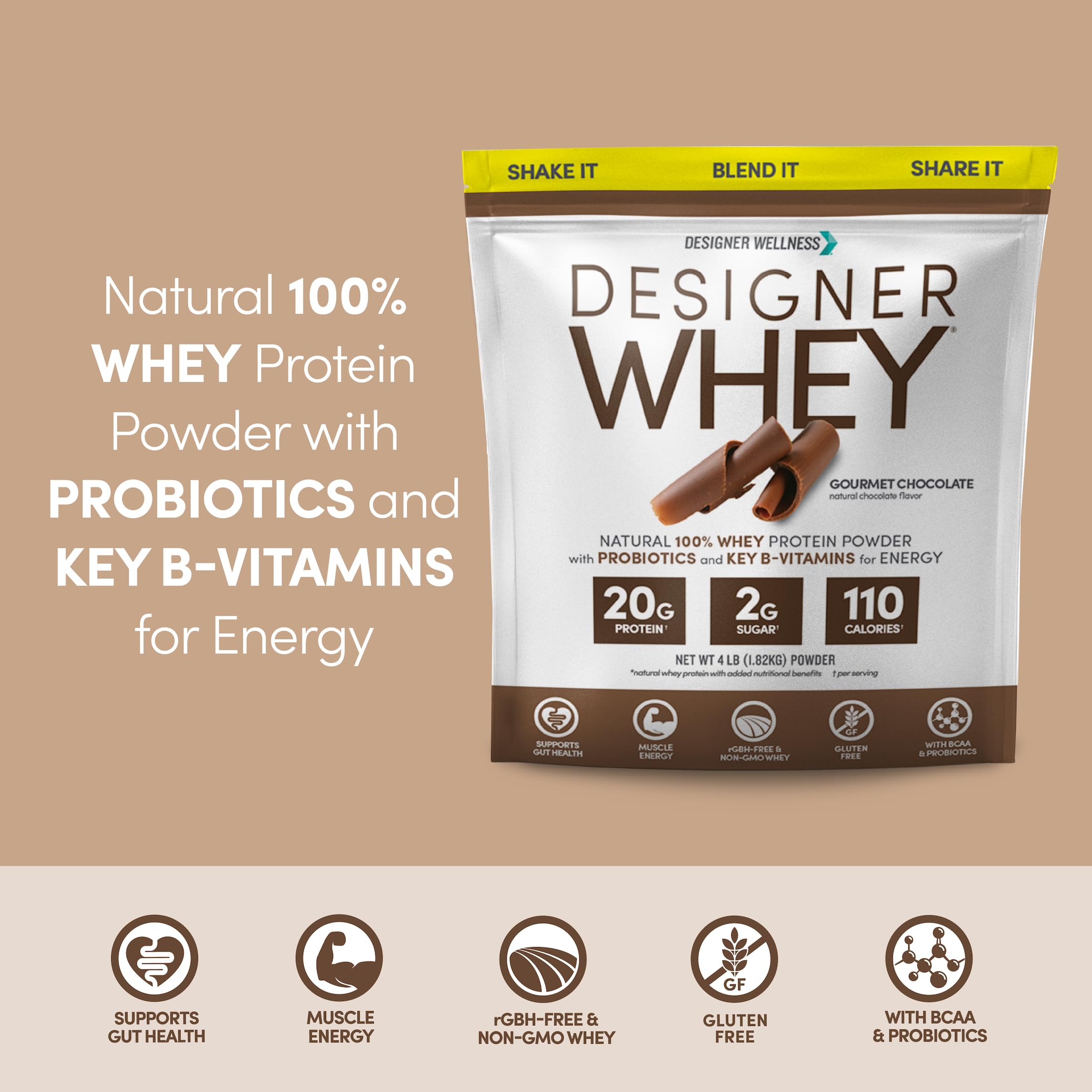 Designer Wellness batido de chocolate en vaso listo para beber, sabor apetecible y aporte proteico inmediato