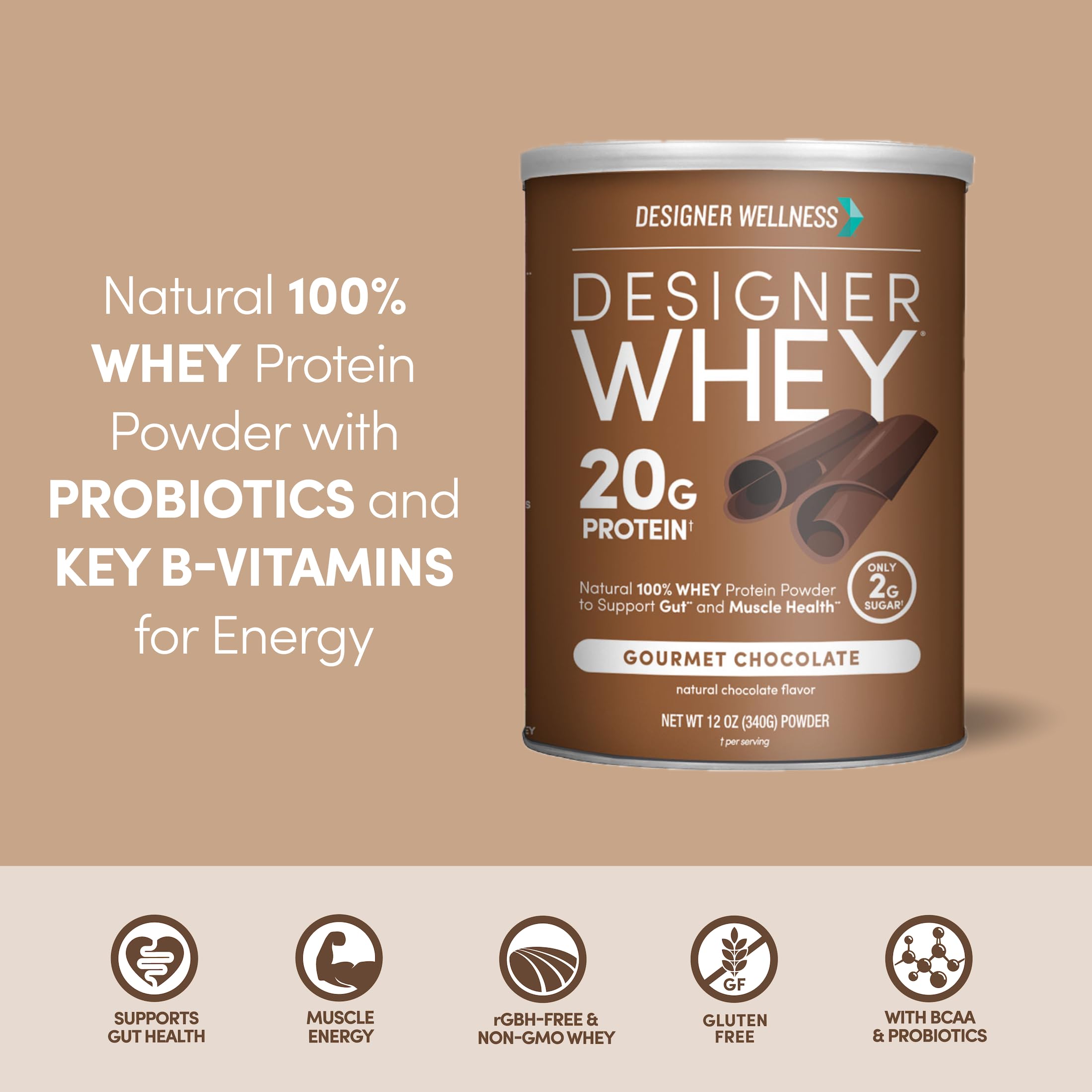 Vaso con batido de Designer Wellness chocolate listo para beber, recuperación rápida y sabor agradable