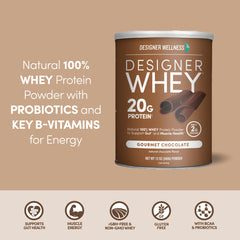 Vaso con batido de Designer Wellness chocolate listo para beber, recuperación rápida y sabor agradable