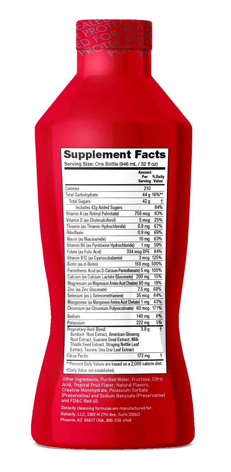 Detoxify etiqueta con lista de ingredientes y beneficios visibles