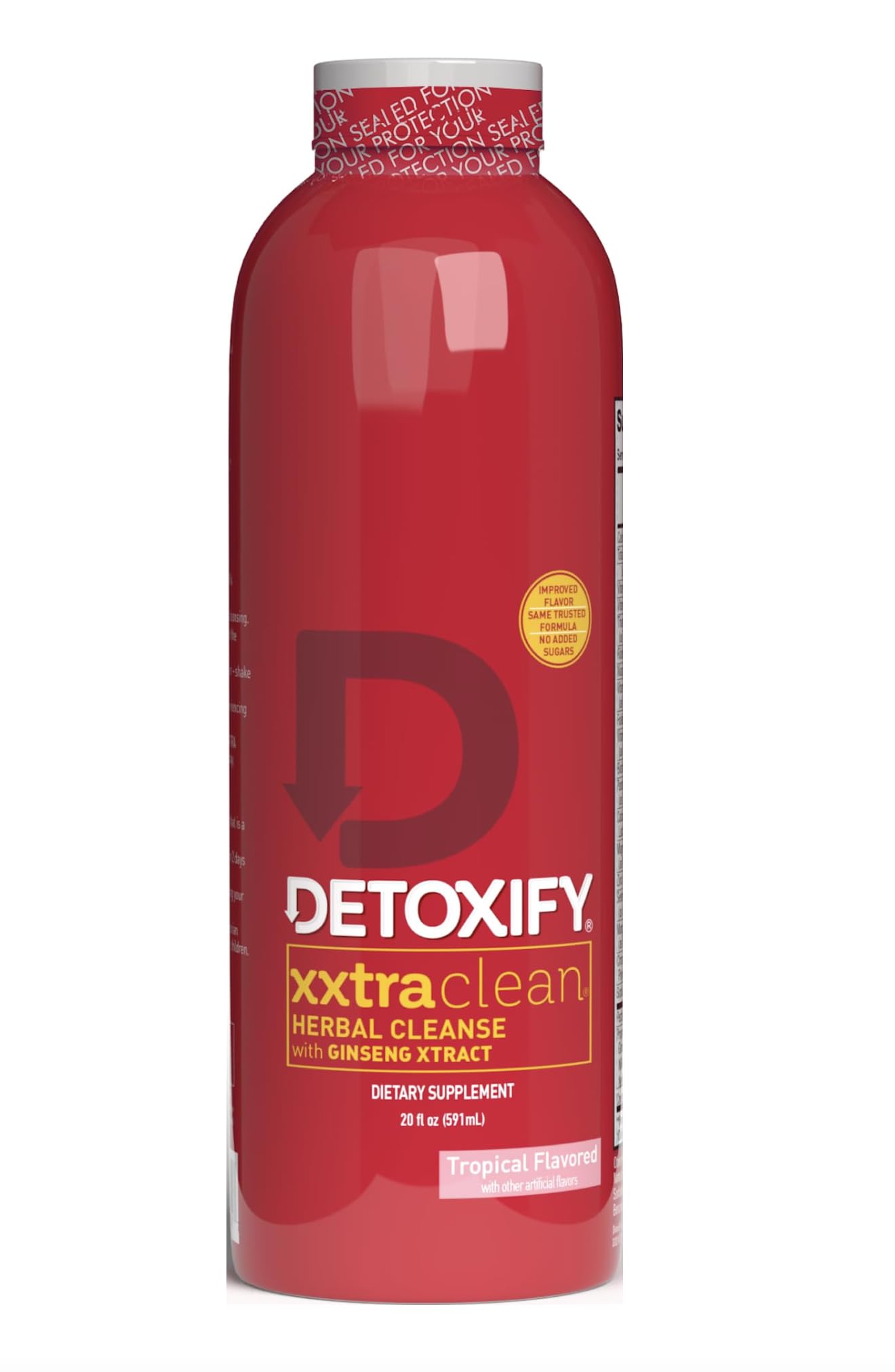 Detoxify vista frontal del envase Xxtra Clean sabor Tropical Fruit que facilita la toma