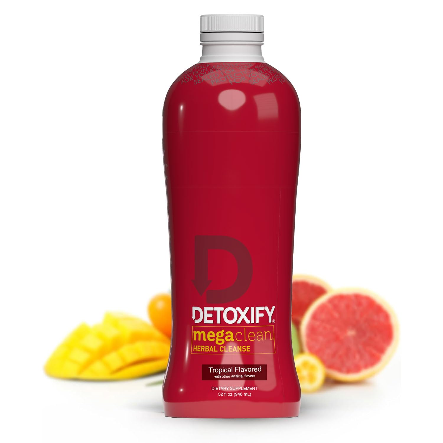 Detoxify Mega Clean vista frontal botella y etiqueta clara beneficio conveniencia