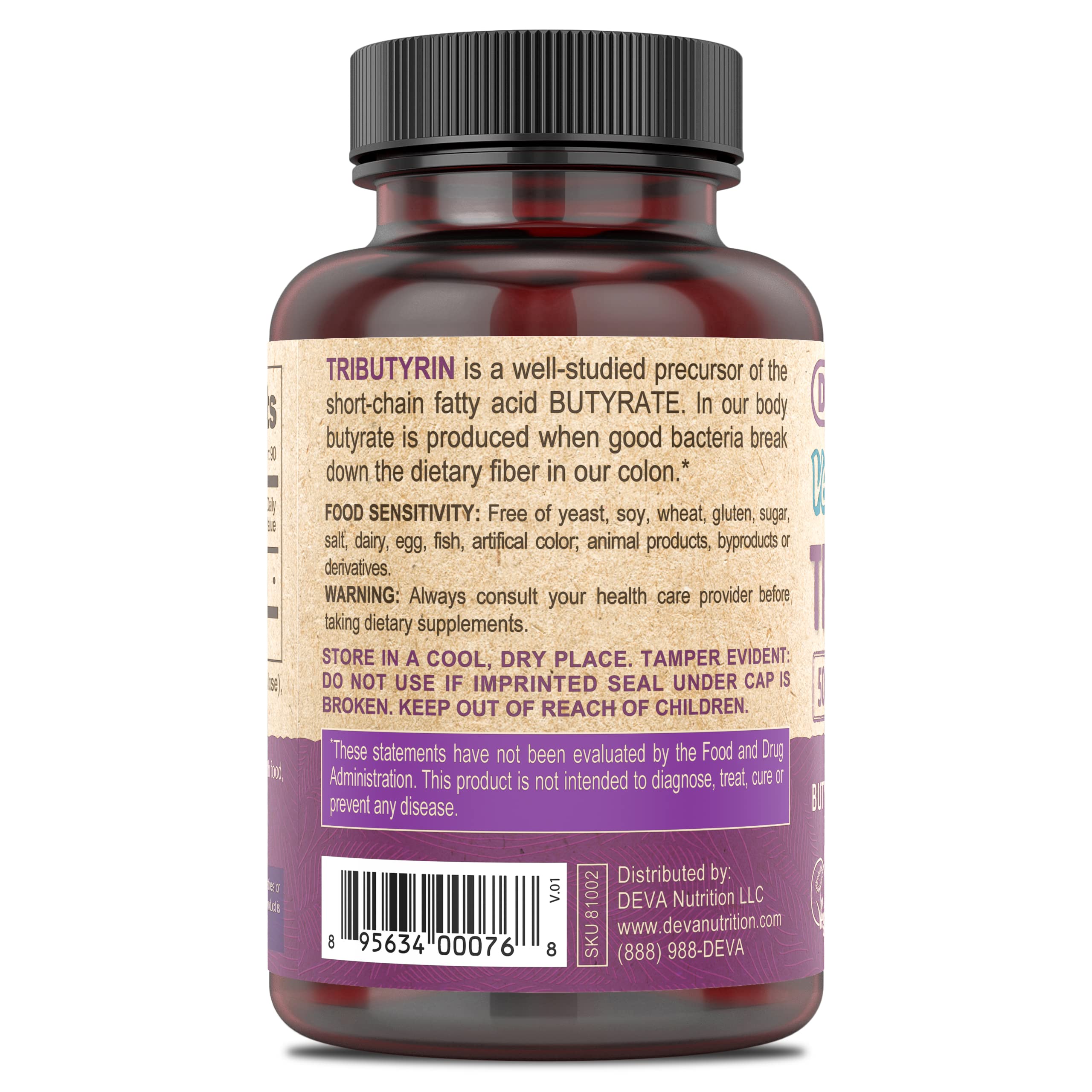 DEVA etiqueta detalle con información de 500 mg tributyrina por cápsula