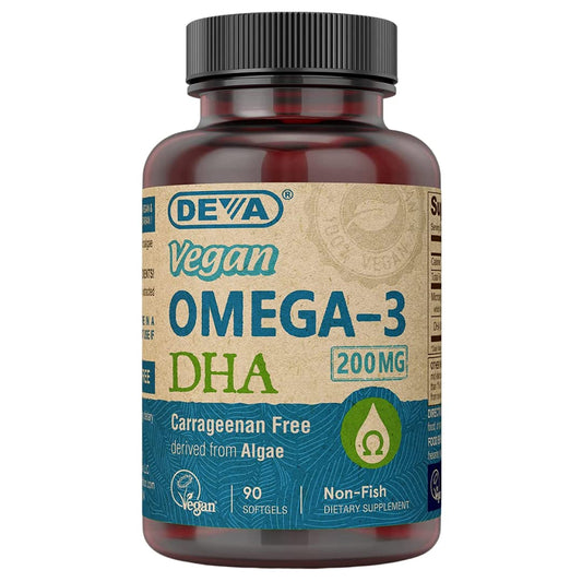 DEVA frasco delantero mostrando 90 softgels y etiqueta clara