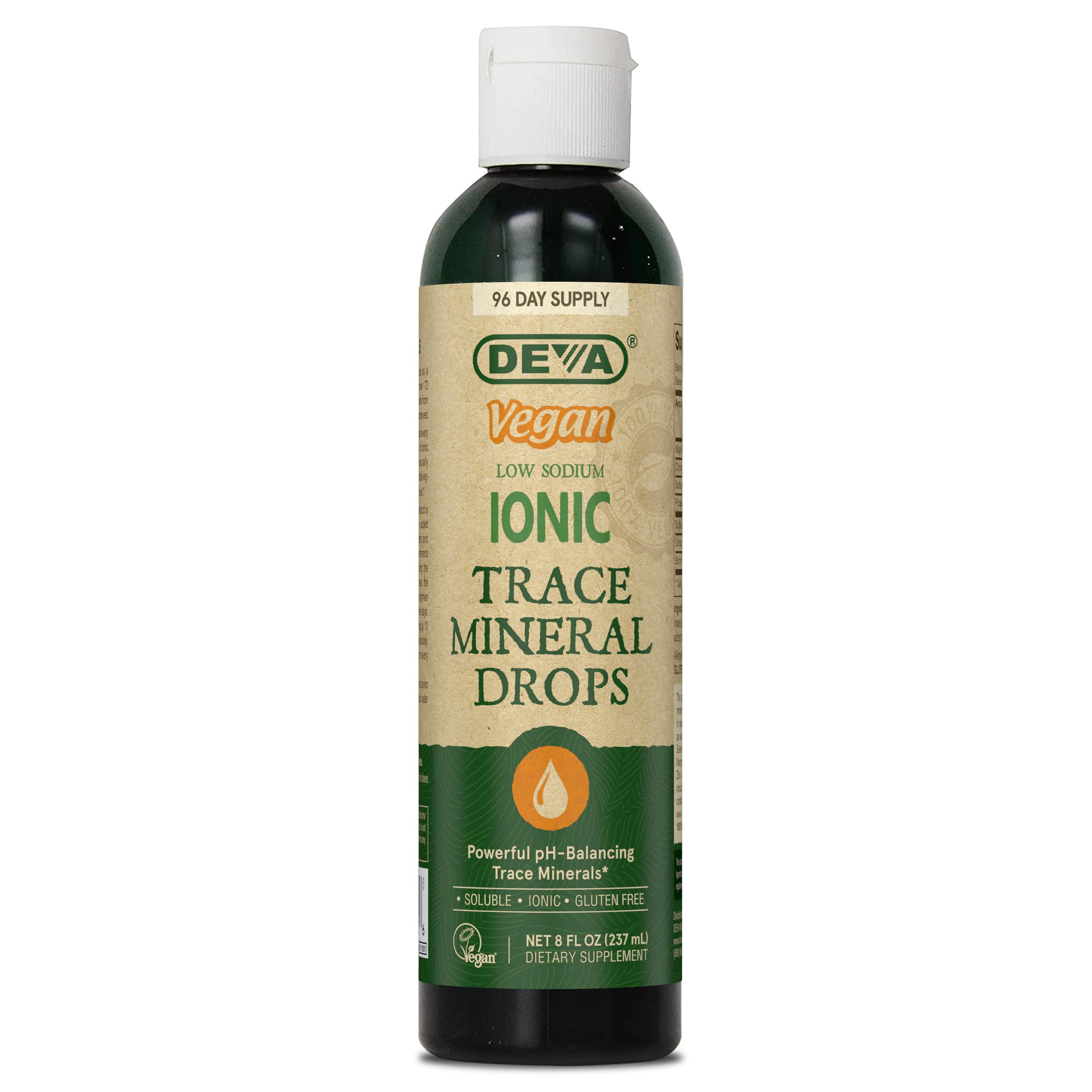 Frasco frontal DEVA con etiqueta clara y beneficios visibles