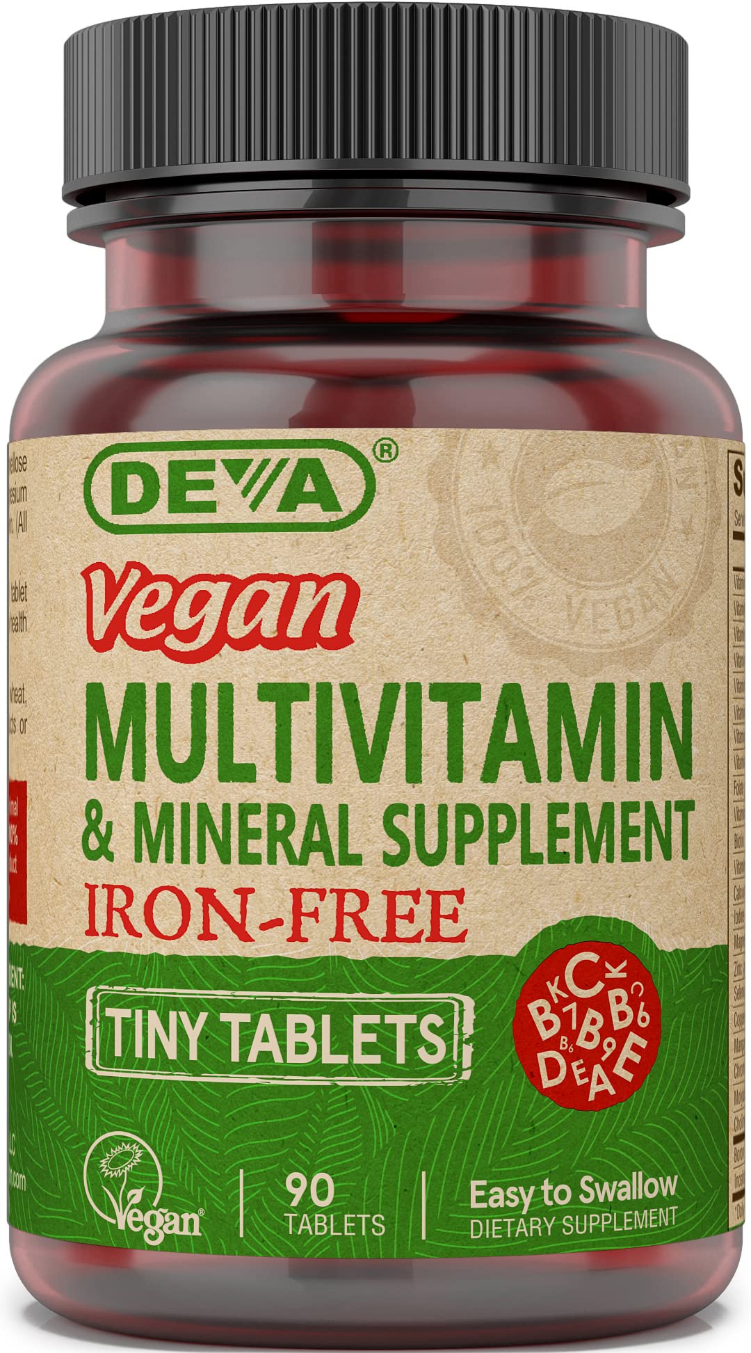DEVA frente del envase mostrando 90 tabletas y beneficios veganos