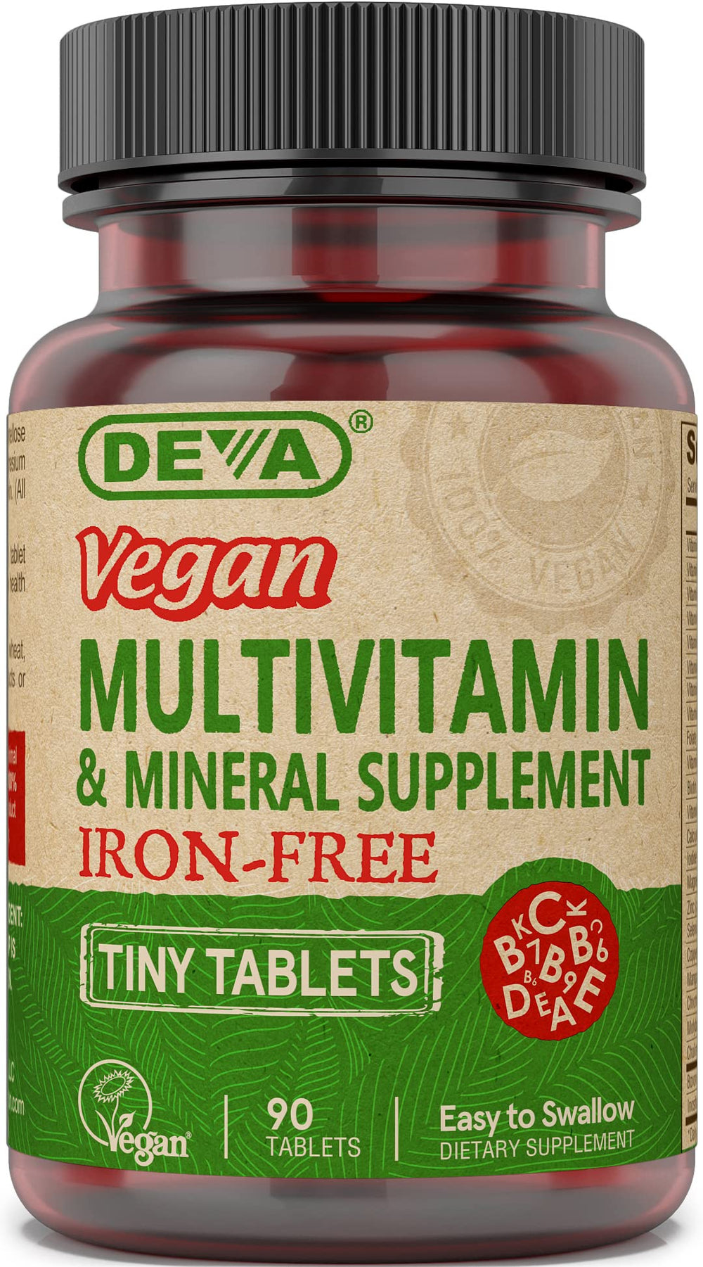 DEVA frente del envase mostrando 90 tabletas y beneficios veganos