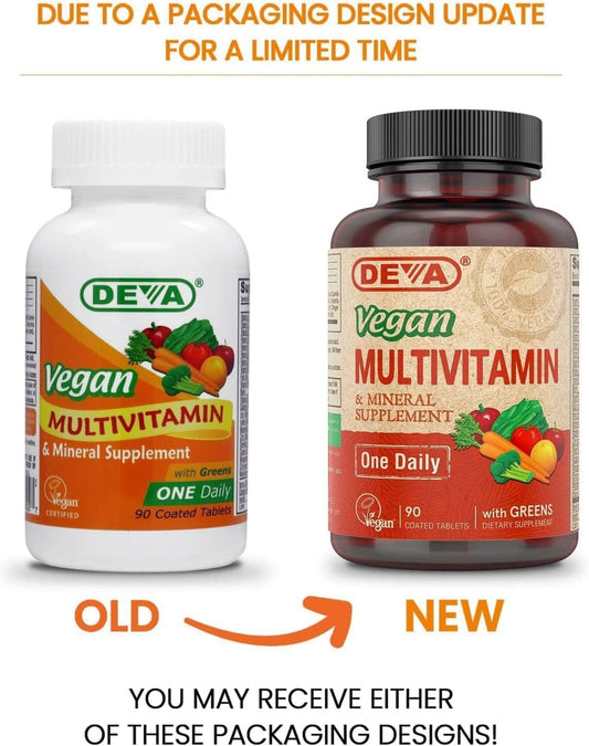 DEVA multivitamina etiqueta cercana resalta ingredientes y valor diario