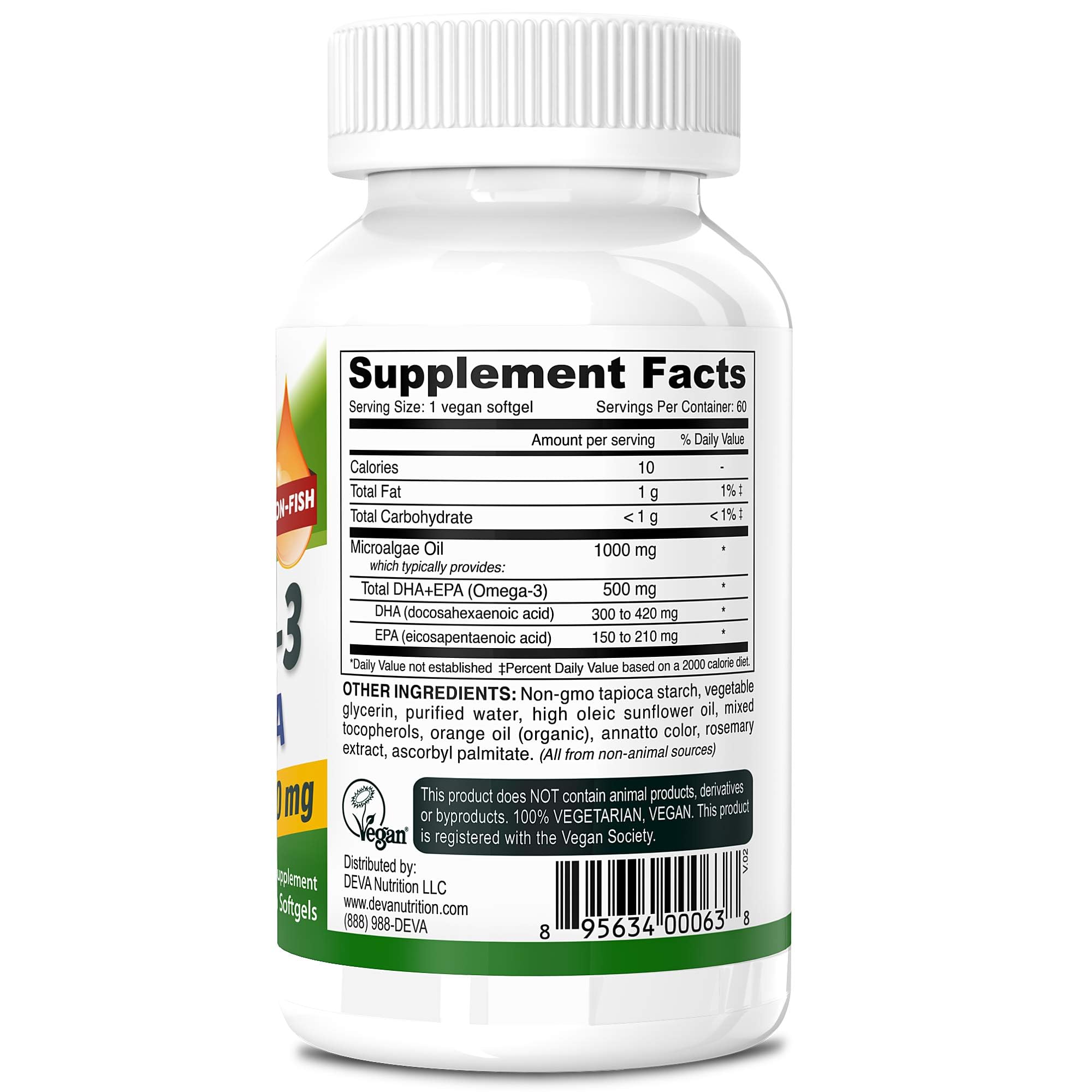 DEVA Omega-3 DHA-EPA botella 60 cápsulas blandas, snack diario para estilo de vida vegano.