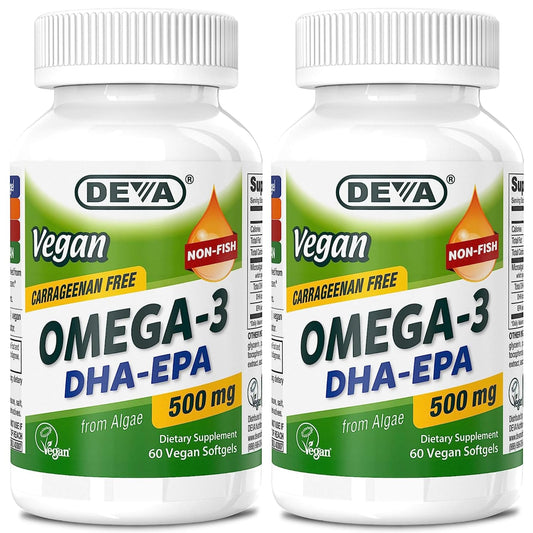 DEVA Omega-3 DHA-EPA cápsulas blandas, opción vegana para apoyar el bienestar diario.