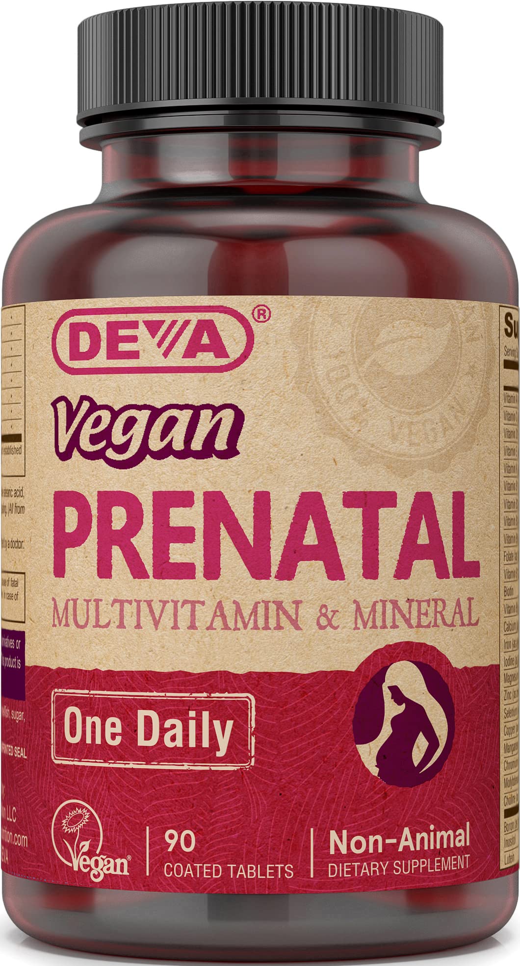 DEVA frontal del envase mostrando la fórmula prenatal, confianza vegana