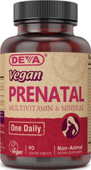 DEVA frontal del envase mostrando la fórmula prenatal, confianza vegana