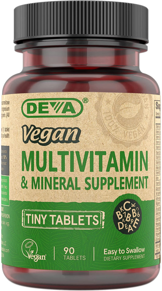 DEVA multivitamínico vegano, etiqueta clara visible, vitaminas C y E para el día a día.