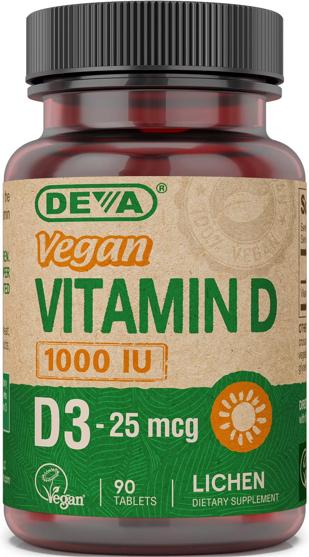 DEVA frasco frontal del suplemento D3 vegano, claro y compacto